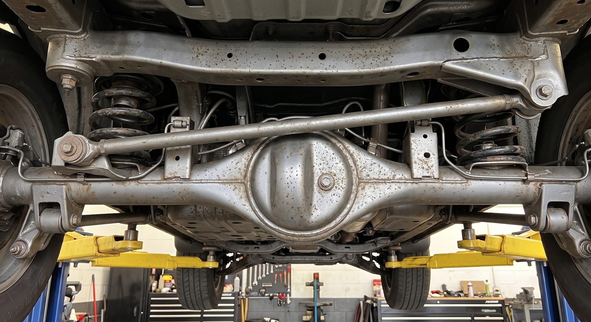 The same rear axle before coating: bare grey metal with surface rust spotting the differential housing and crossmember