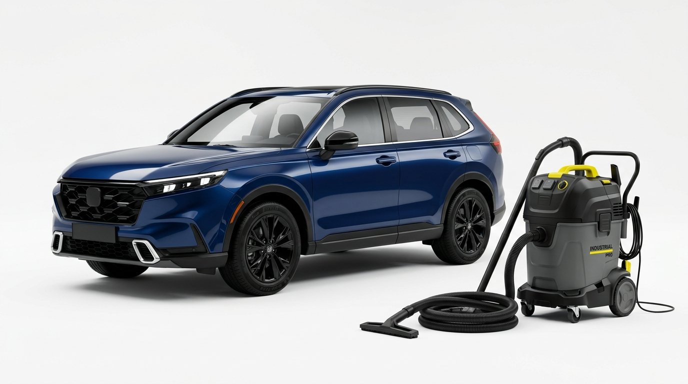 Blue crossover car with industrial canister vacuum cleaner