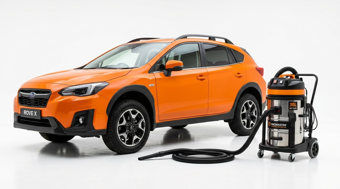 Orange SUV with professional vacuum extraction detailing equipment
