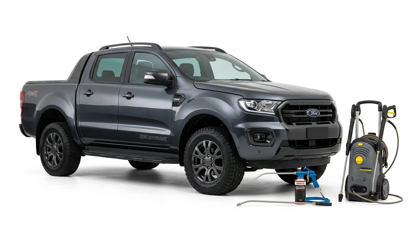 Ford 4x4 pickup truck with pneumatic undercoating gun, cavity wand and pressure washer
